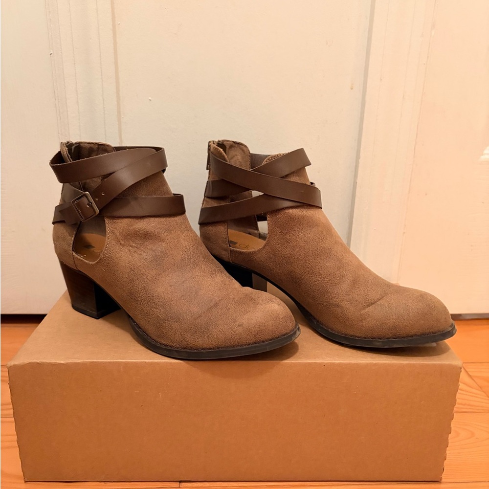 Women’s Brown Suede Ankle Booties with Cross-Strap Detail
